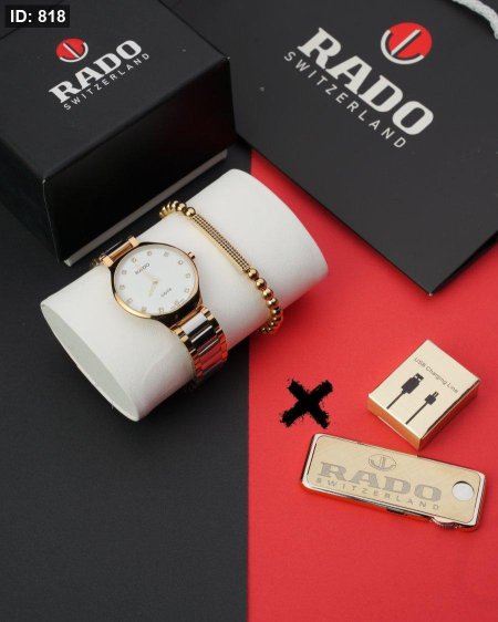 طقم ساعة + قداحة + سوارة ( ماركة ) عرض مميز - Rado فضي وروز چولد