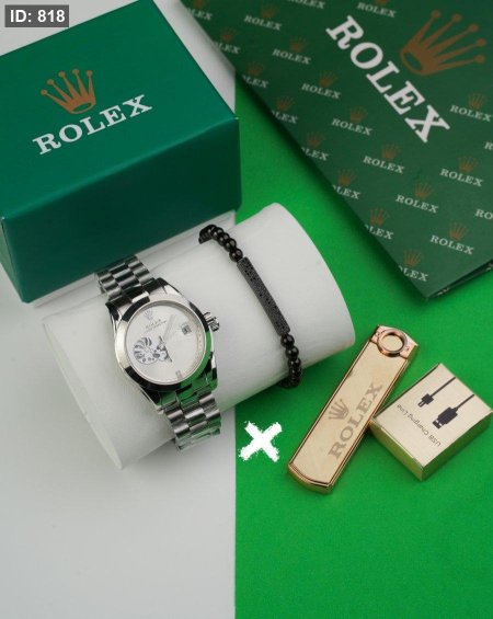 طقم ساعة + قداحة + سوارة ( ماركة ) عرض مميز - Rolex فضي