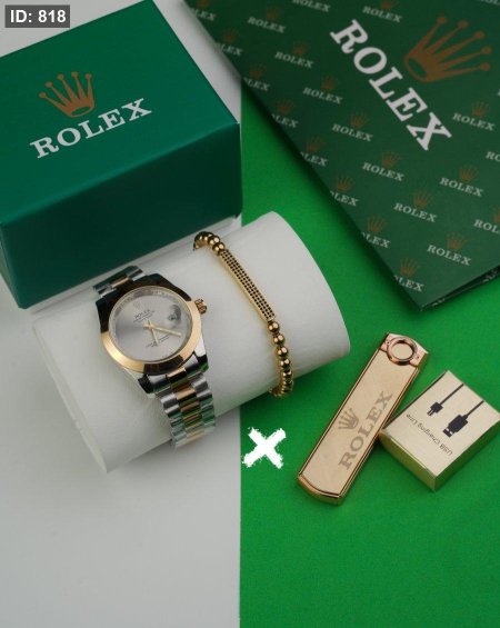 طقم ساعة + قداحة + سوارة ( ماركة ) عرض مميز - Rolex فضي ودهبي