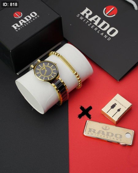 طقم ساعة + قداحة + سوارة ( ماركة ) عرض مميز - Rado دهبي واسود